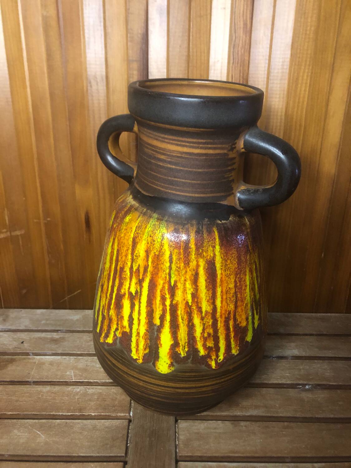 Old Vase With Handles ST CLÉMENT France Ceramic Brown & Orange Vintage #A412