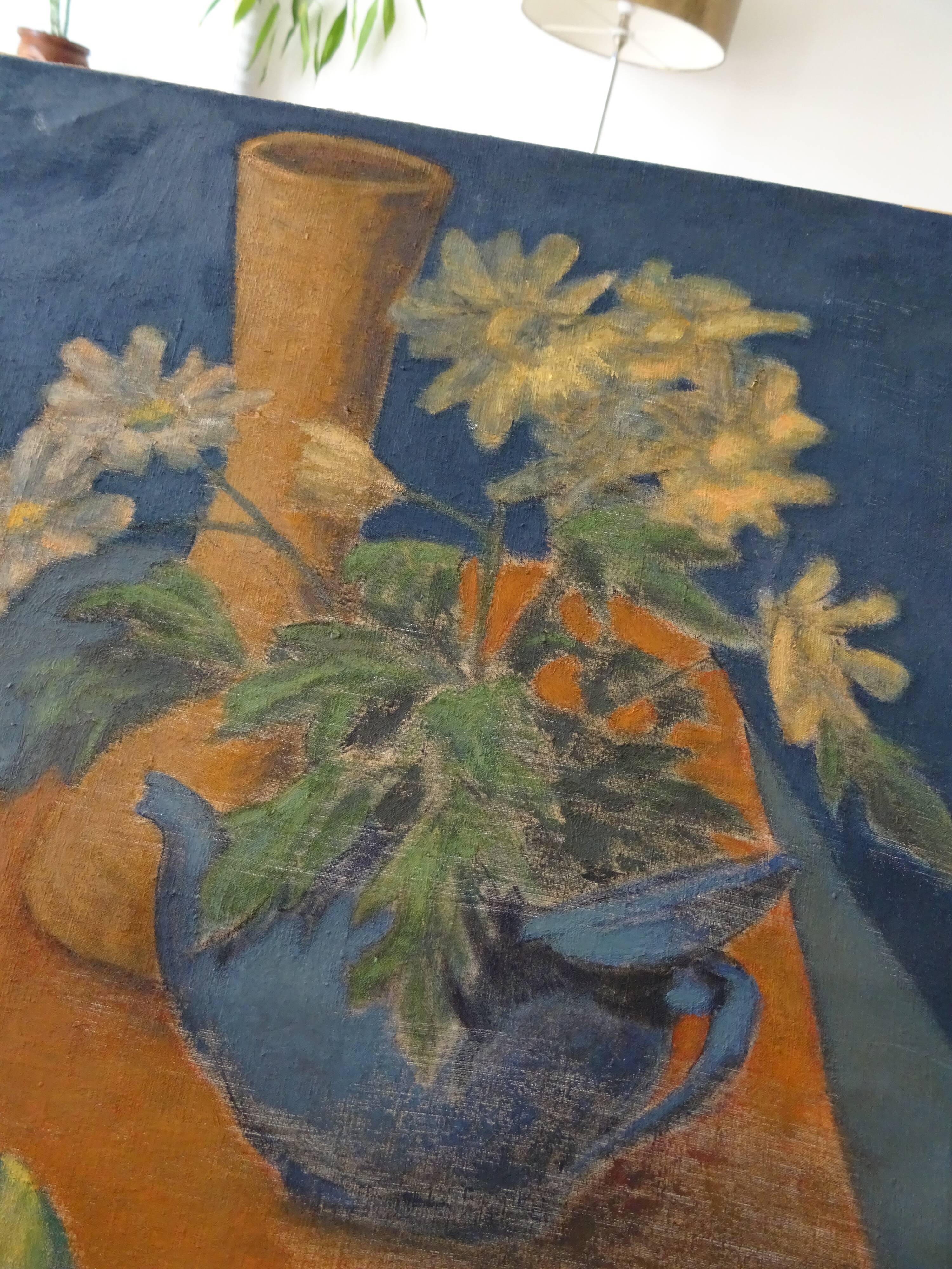 Tableau nature morte au bouquet de fleurs et légumes HST signé