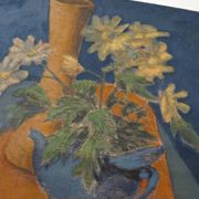 Tableau nature morte au bouquet de fleurs et légumes HST signé