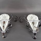 Pair of Wrought Iron Wall Lights by Degué, Art Deco, France, c. 1930