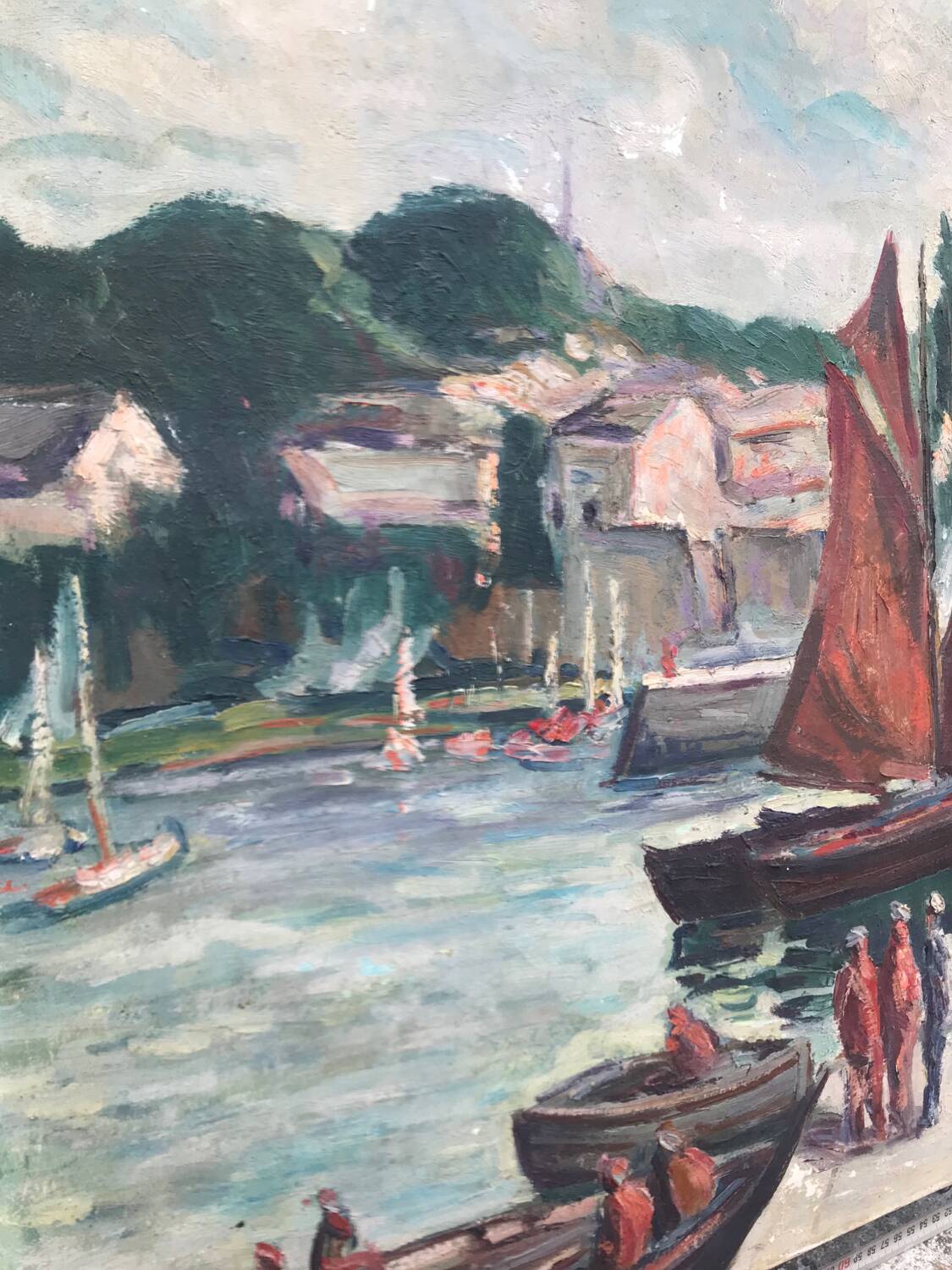 Large old marine oil painting - Sailboats in port.