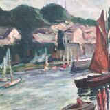 Grande Huile marine ancienne- Voiliers au port.