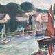 Large old marine oil painting - Sailboats in port.