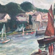 Large old marine oil painting - Sailboats in port.