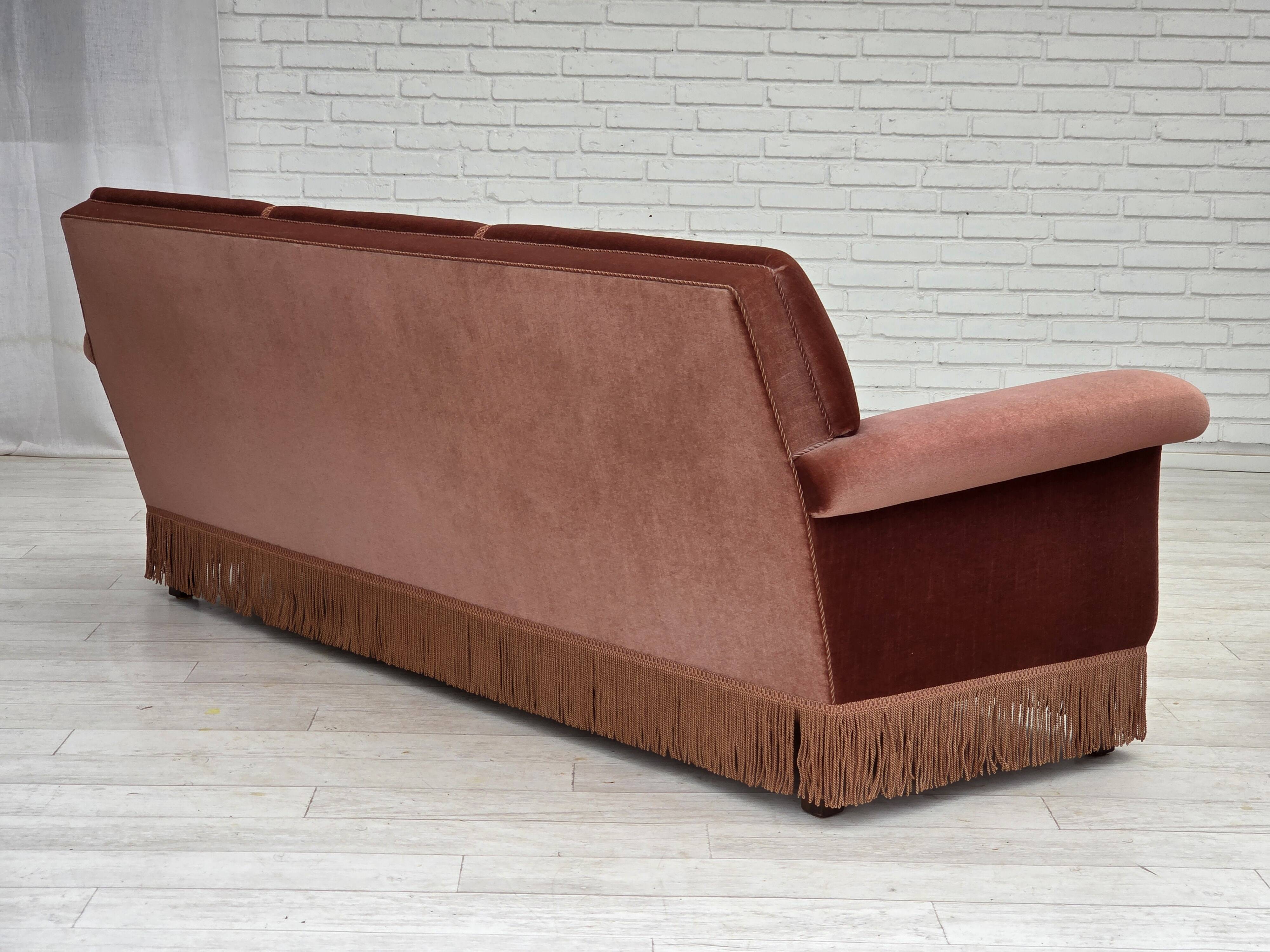 1970s, Danish 3-seater sofa, salmon pink furniture velour, beech wood.