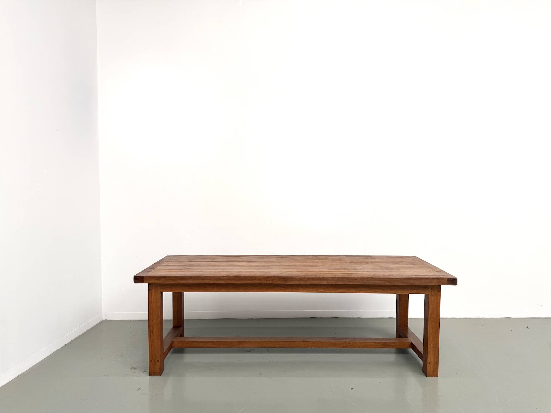 Large modernist farmhouse table in solid beech, thick dowelled top.