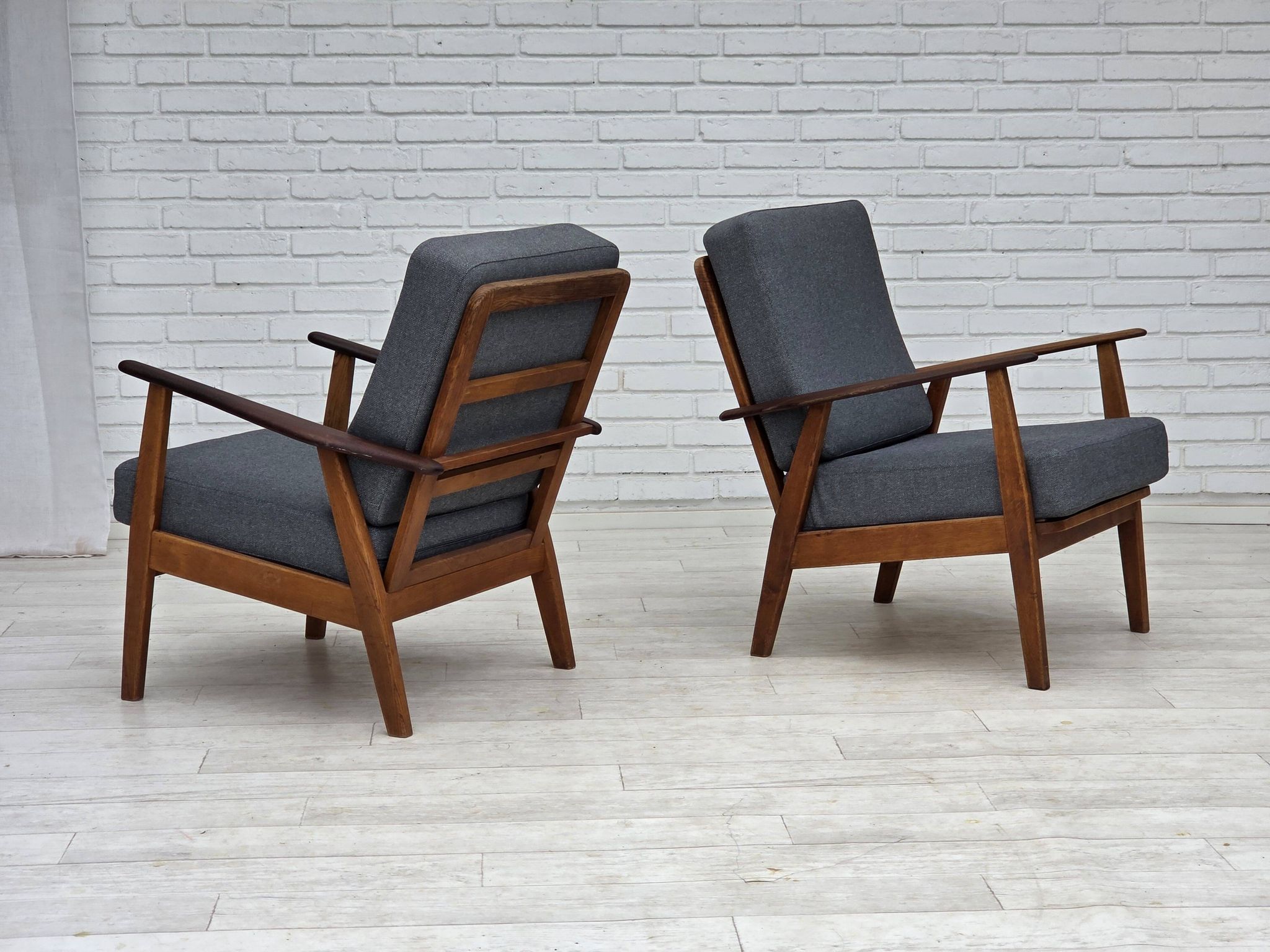 1970s, pair of Danish armchairs, reupholstered, furniture wool, teak, oak.