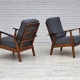 1970s, pair of Danish armchairs, reupholstered, furniture wool, teak, oak.