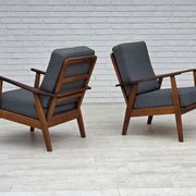 1970s, pair of Danish armchairs, reupholstered, furniture wool, teak, oak.