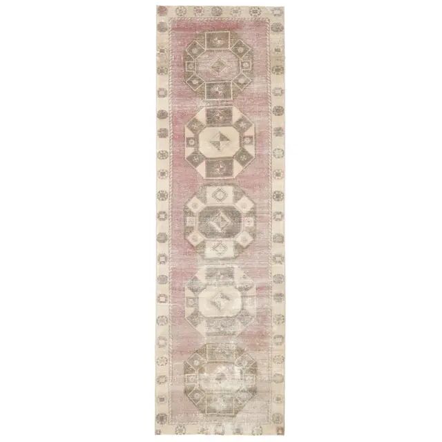 1970s Turkish Hand-Knotted Wool Cotton Pink Runner Rug 104x361