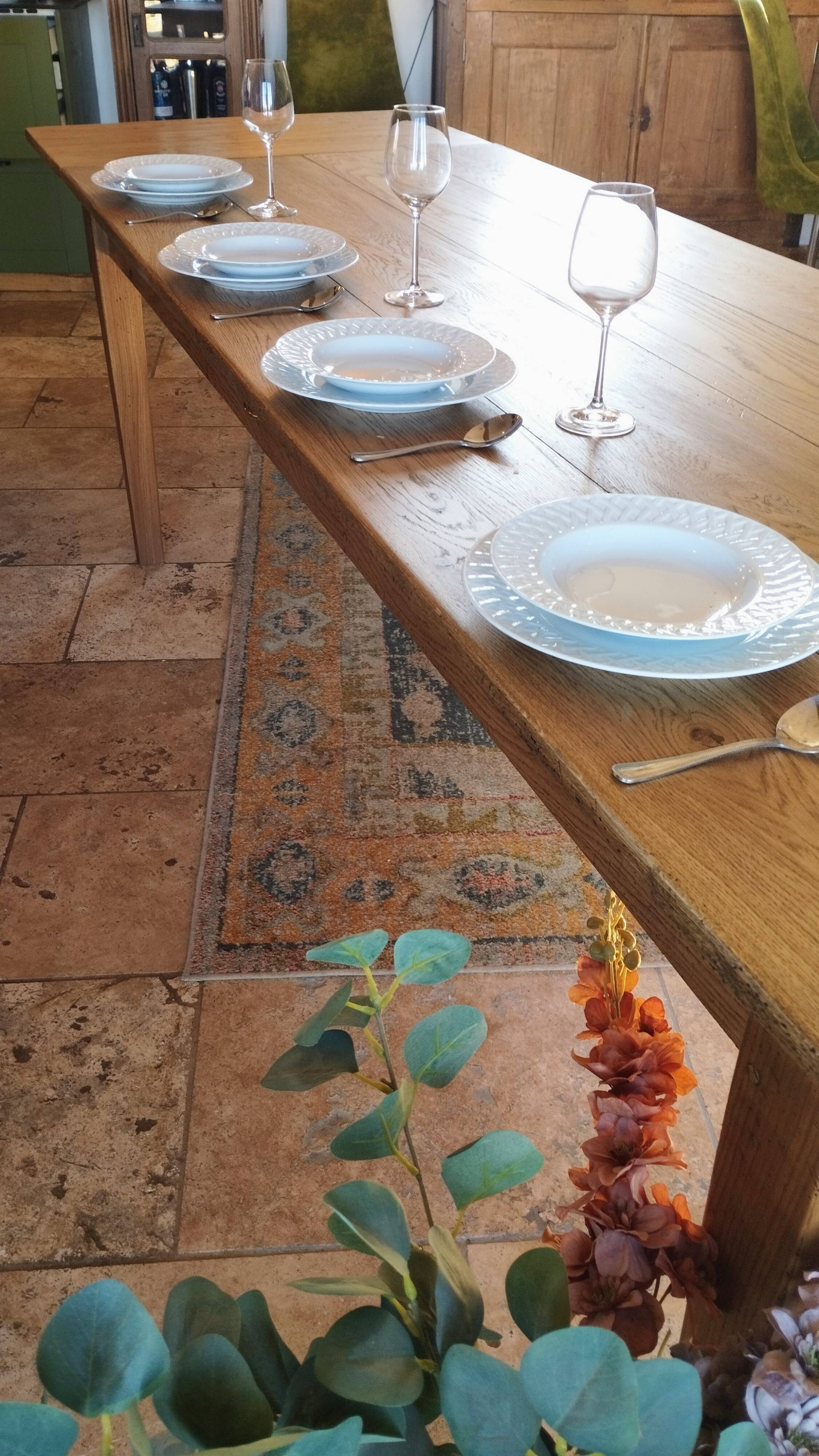 Solid oak farmhouse table with central drawer and extension