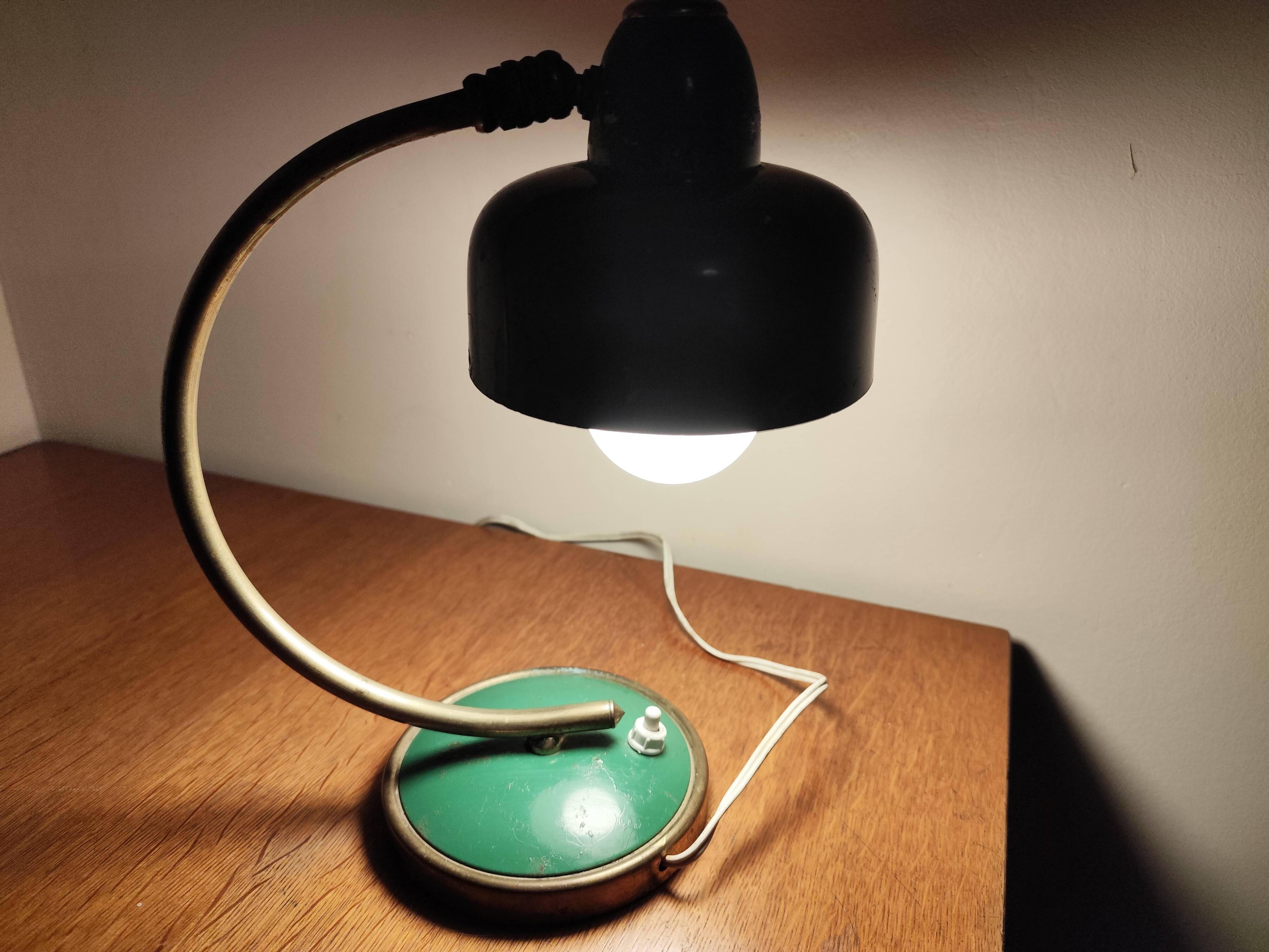 Vintage Scandinavian Art Deco desk lamp from the 40s, golden brass, retro, moon shape, swan neck