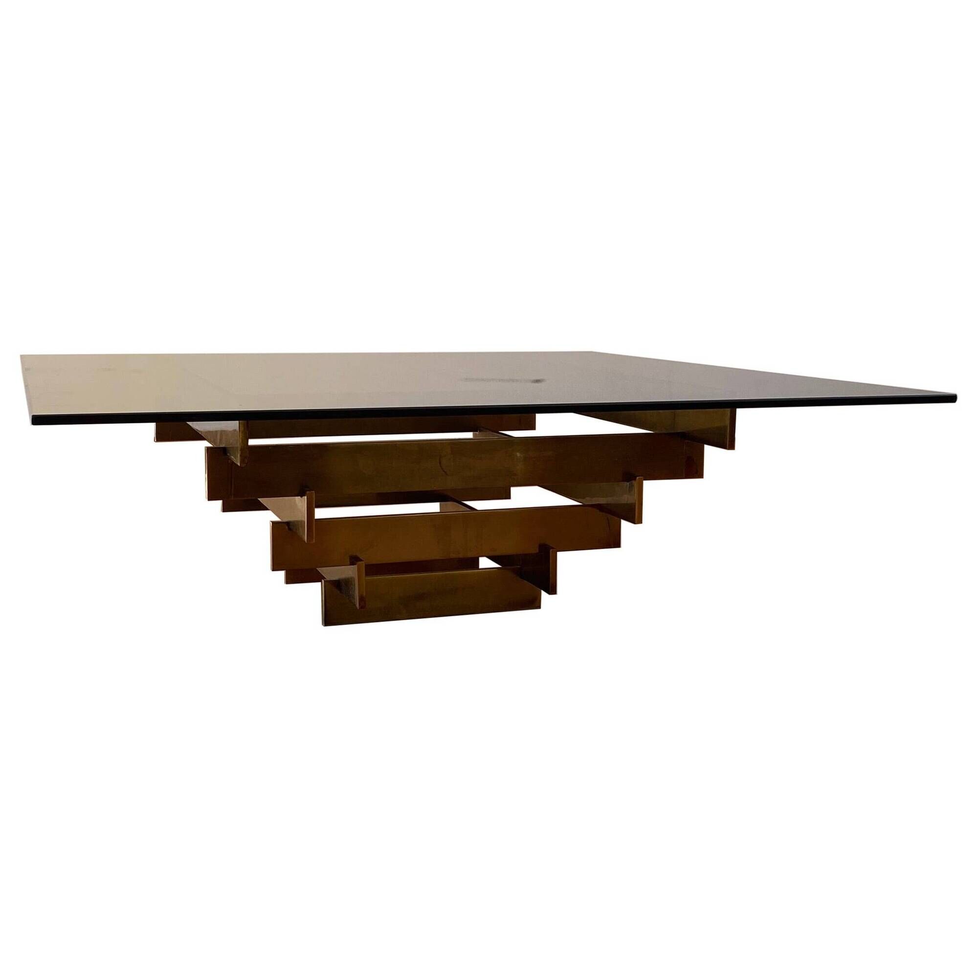 Vintage 1970s Square Coffee Table in Brass and Smoked Glass, David Hicks