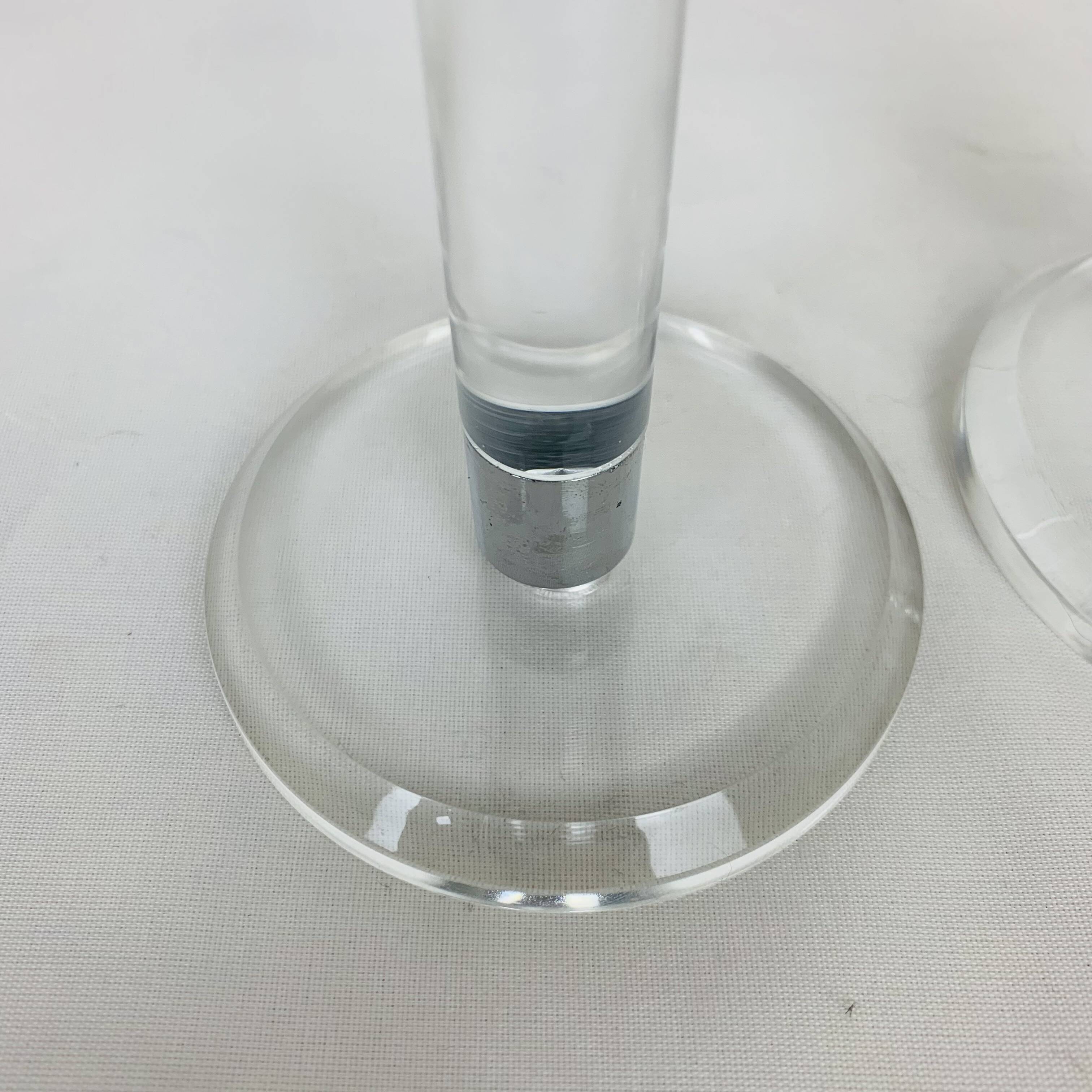 Pair of vintage plexiglass and chrome metal candlesticks