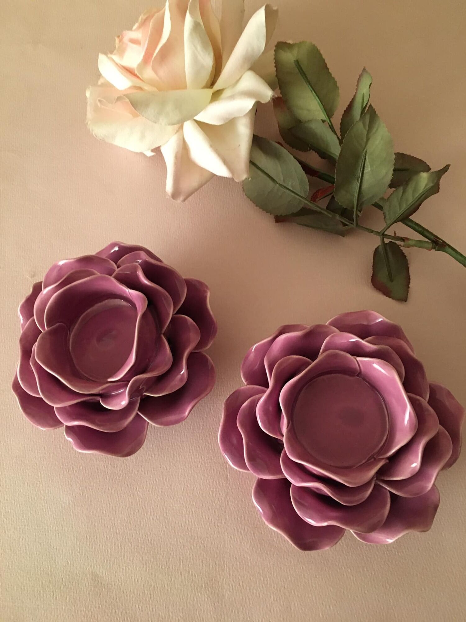 Duo of porcelain flower candle holders, old pink color