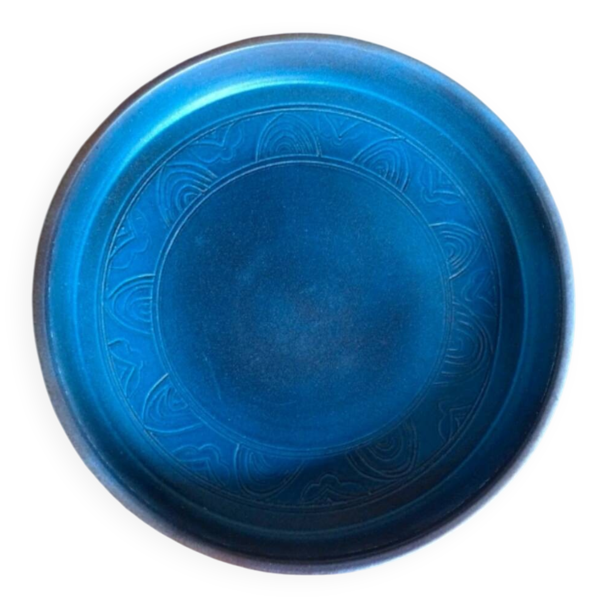 Vintage blue ceramic saucer dish bowl under pot