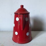 Red enamelled coffee maker with white polka dots