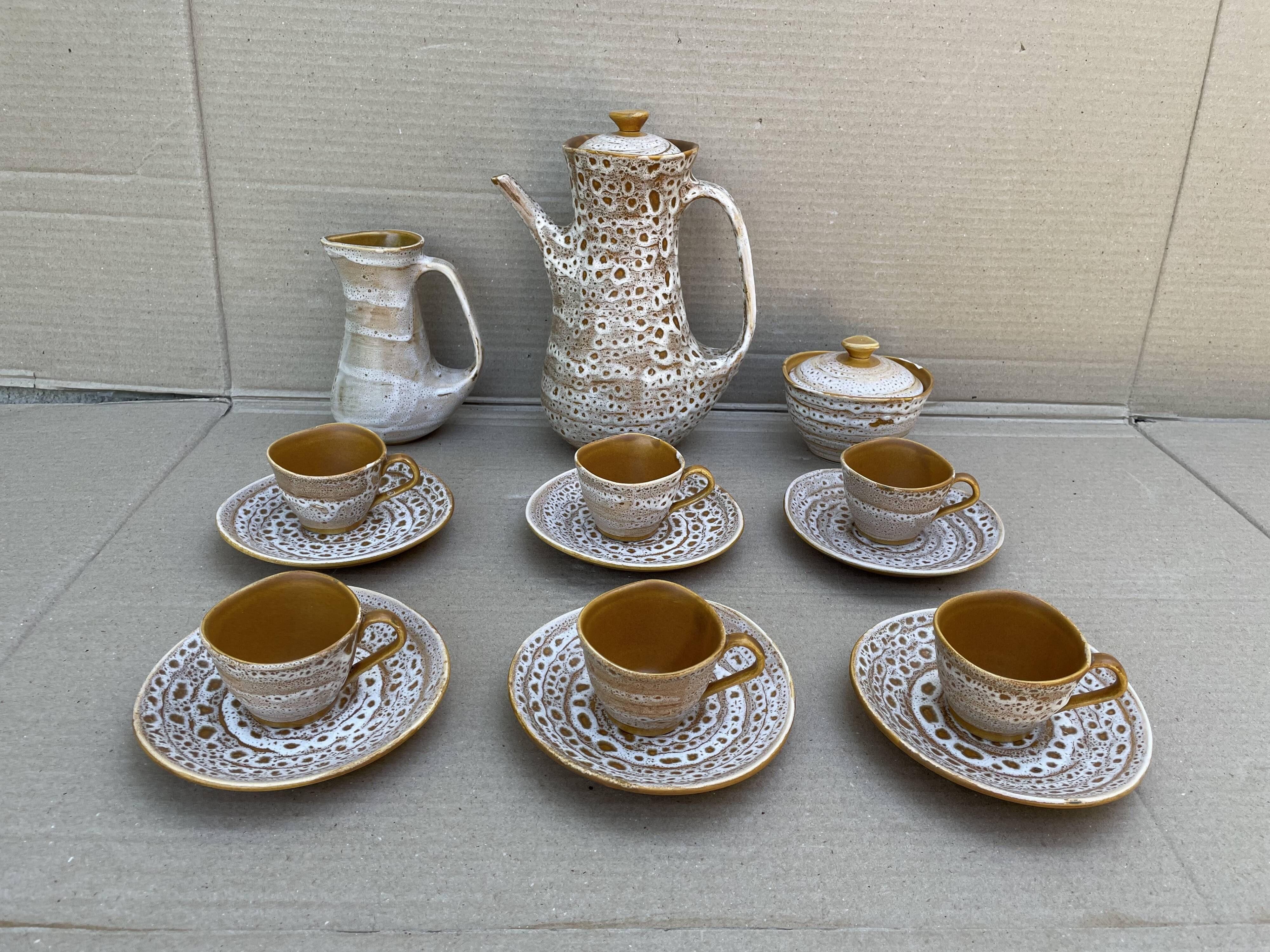 Stoneware coffee set niderviller model fauve - vintage - hand decoration
