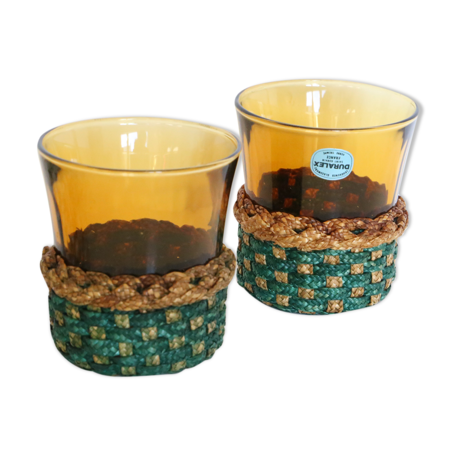 Set of two Duralex smoked glass in their braided holder