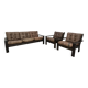 Living room sofa and brutalist armchairs in leather and wood, 70s, chalet style