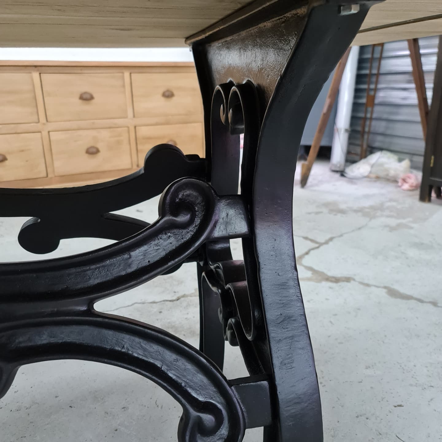 Large industrial table cast iron foot and top solid oak raw