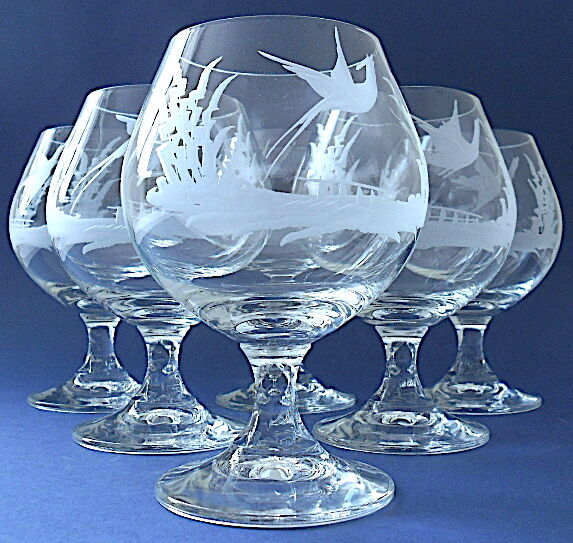 Suite of six tasting glasses of engraved crystal cognac