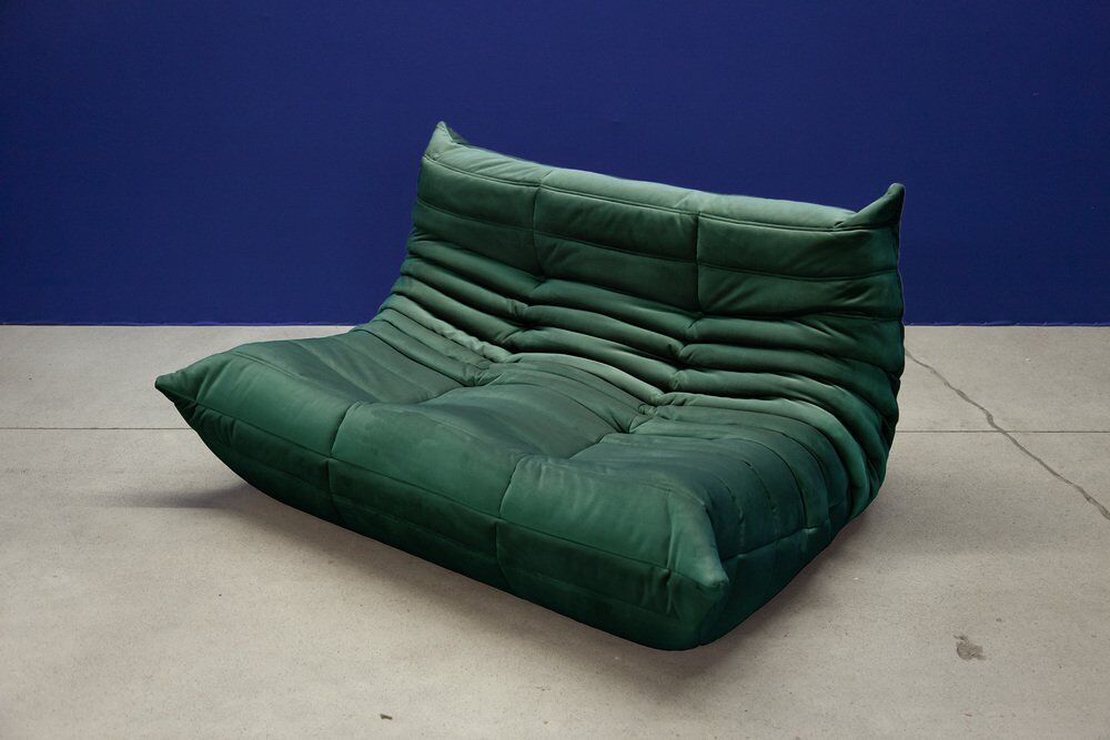 Bottle green velvet Togo living room set by Michel Ducaroy for Ligne Roset, set of 5