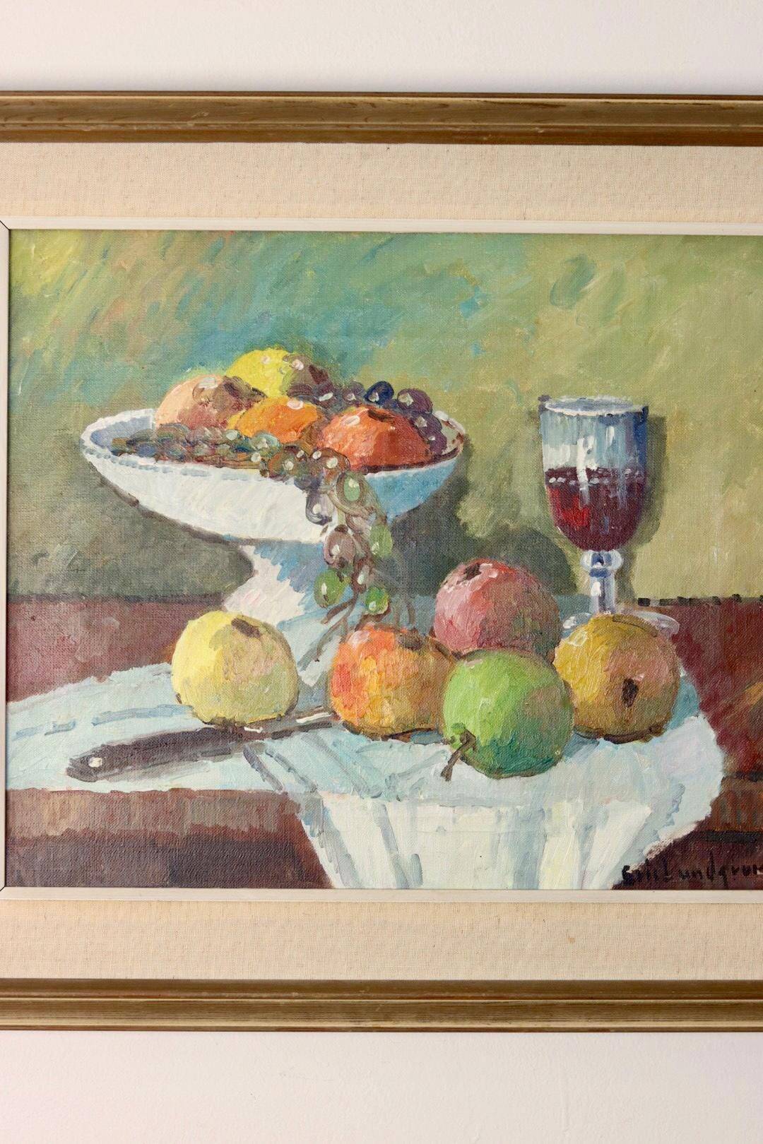 Original Swedish oil painting on canvas from the mid-century "Still Life with Bowl of Fruit" by Eric Lundgren -