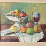 Original Swedish oil painting on canvas from the mid-century "Still Life with Bowl of Fruit" by Eric Lundgren -
