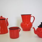 Set pichet & théière en métal émaillé orange et noir 1950s, set de 4