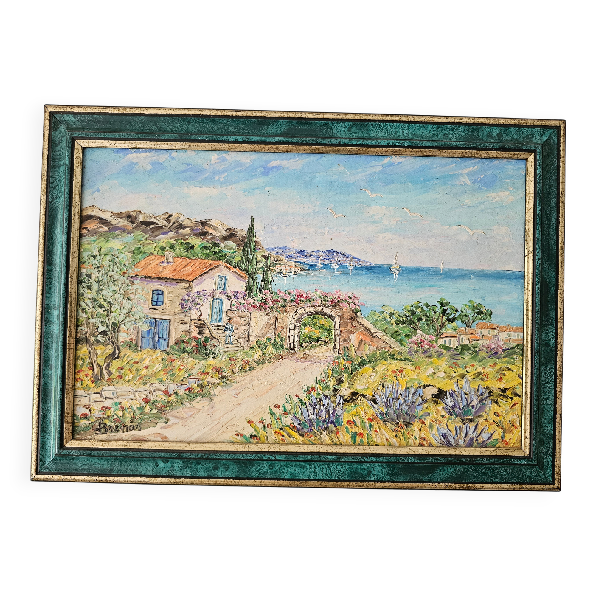 Table Oil on Canvas Landscape Cap d'Agde Villa Fleurie - Signed Ferand Bre
