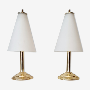 Set of 2 vintage table lamps, gold and frosted glass by Lakro 1980s