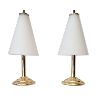 Set de 2 lampes de table vintage, or et verre dépoli par Lakro 1980s
