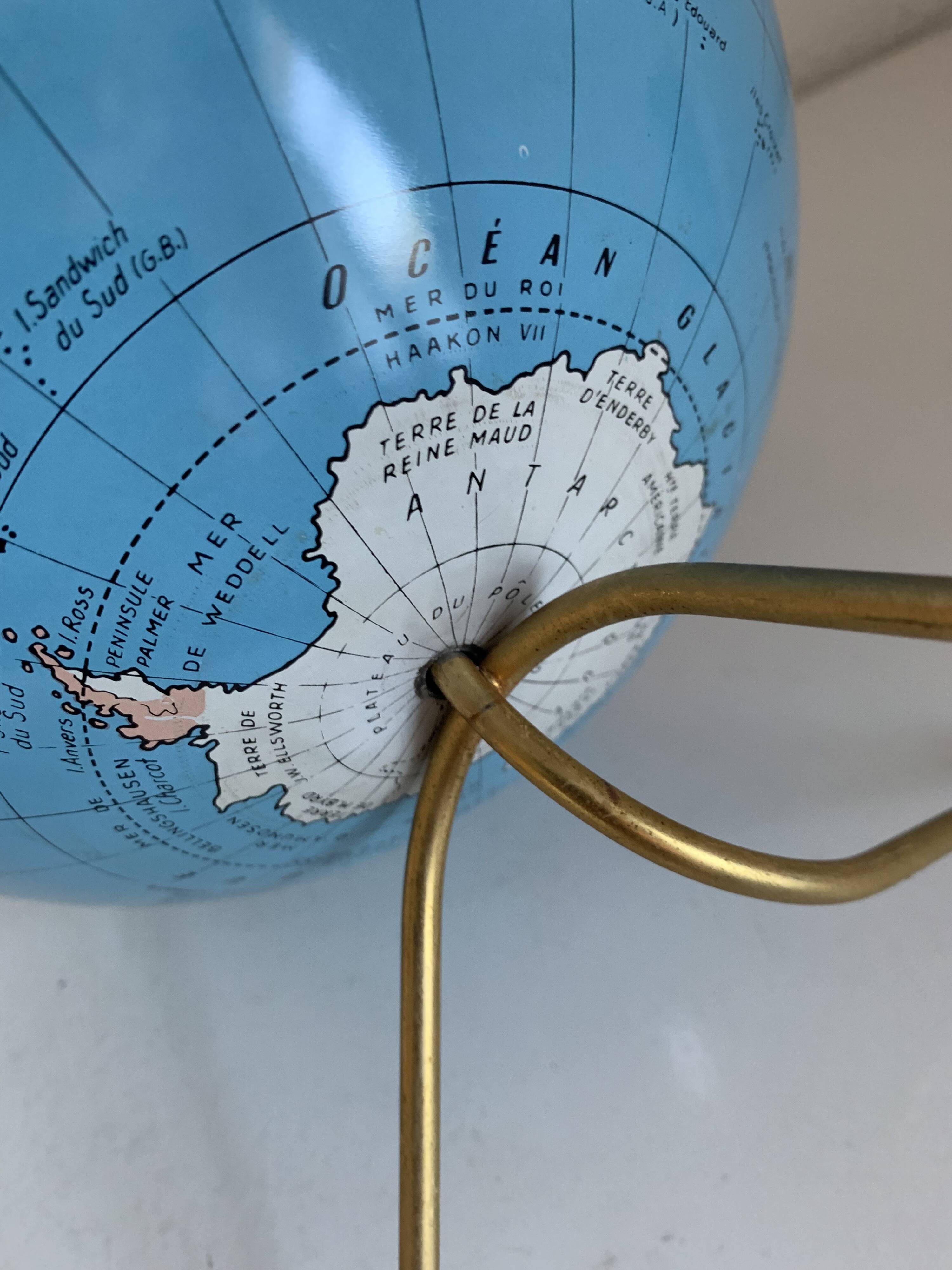 Globe vintage 1960 terrestre doré Taride tripode - 28 cm