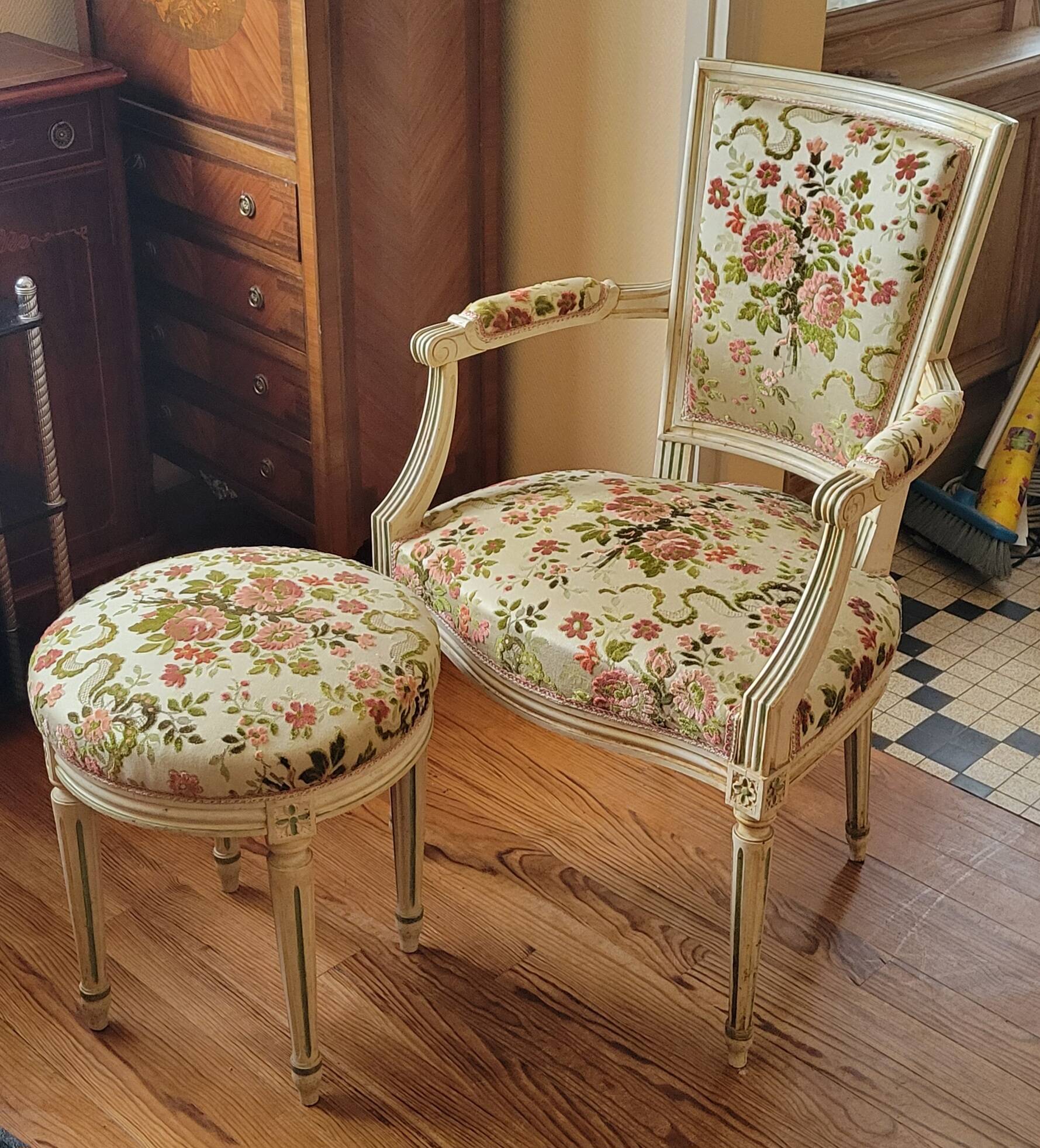Armchair and stool in Louis XVI style