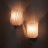 Pair of 80s wall lamps, striped Murano glass and brass