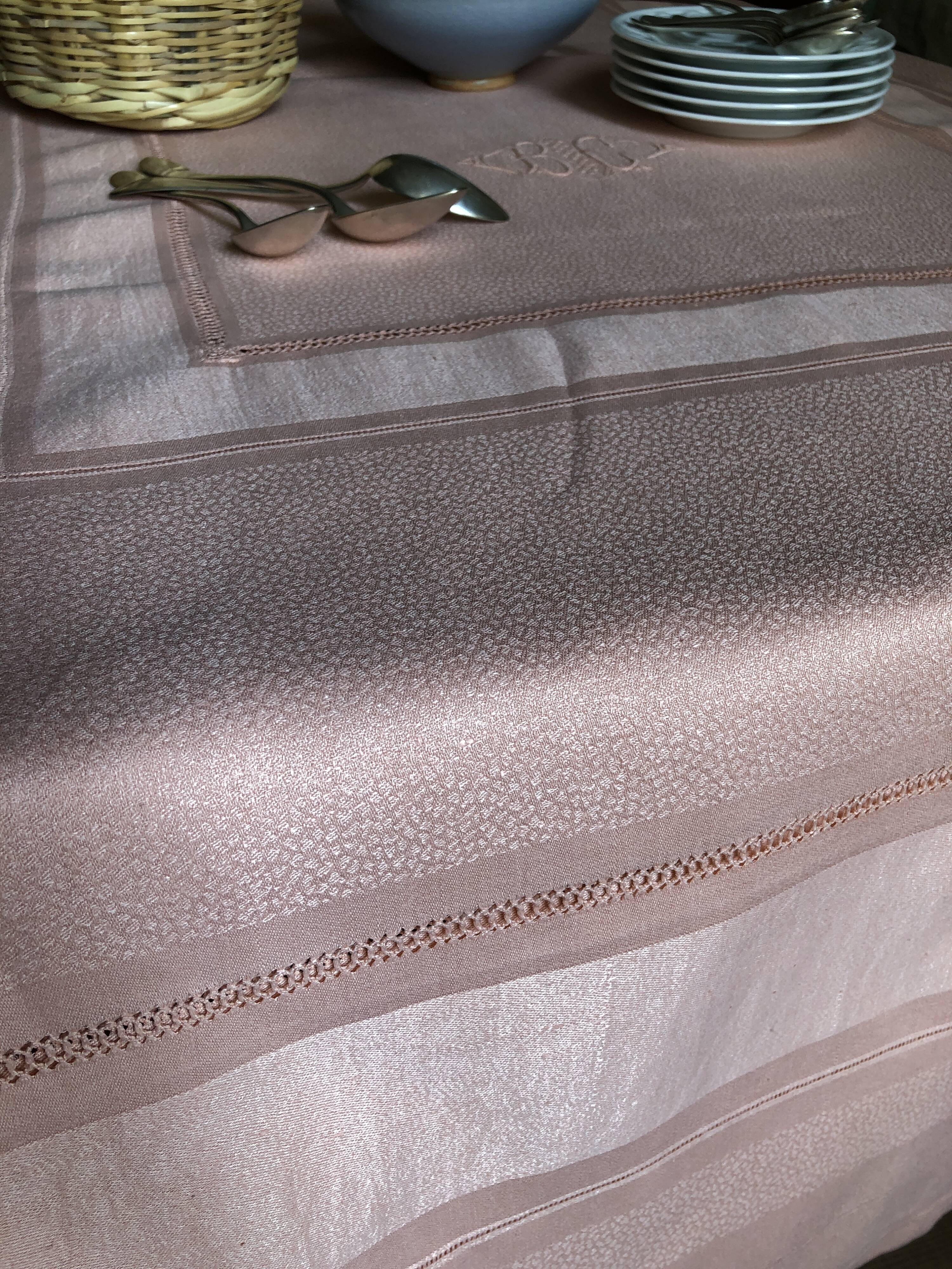 Old damsed tablecloth in linen and silk coral