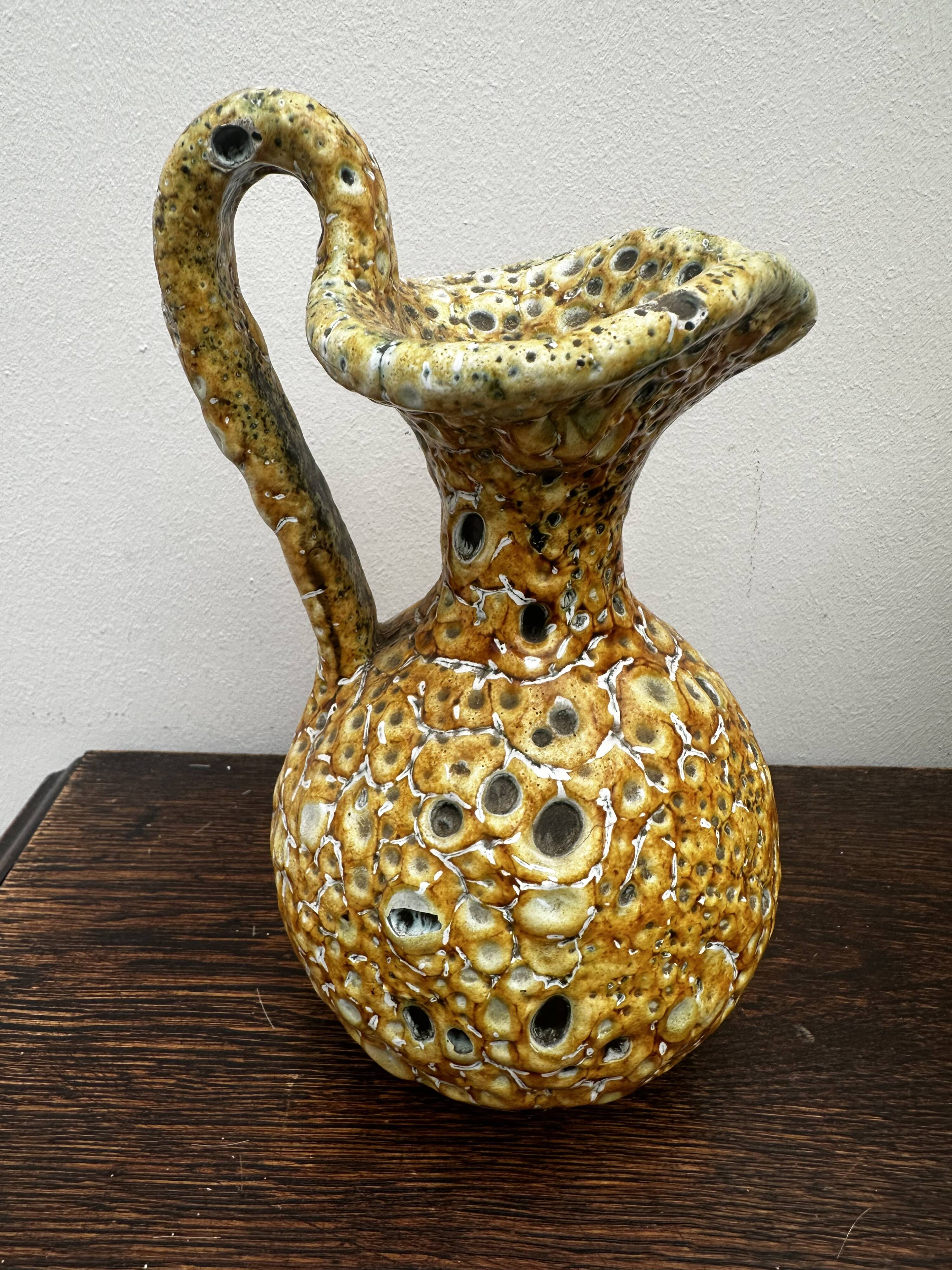 Set of 3 vases and 1 trinket tray, Honey / Fat Lava Vallauris, 1970s