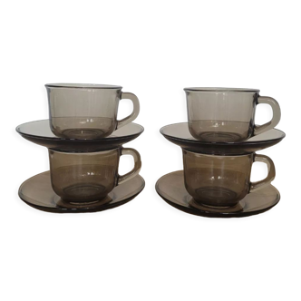 Set of 4 cups and saucers in smoked glass