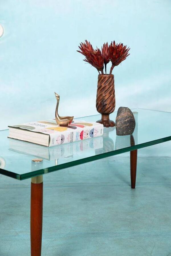 Table basse vintage verre teck laiton, table basse midmod