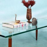 Vintage coffee table glass teak brass, mid-century coffee table.