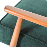 Fauteuil poli d’origine vintage « Fox » conçu par H. Lis années 1970, tissu vert forêt, restauré