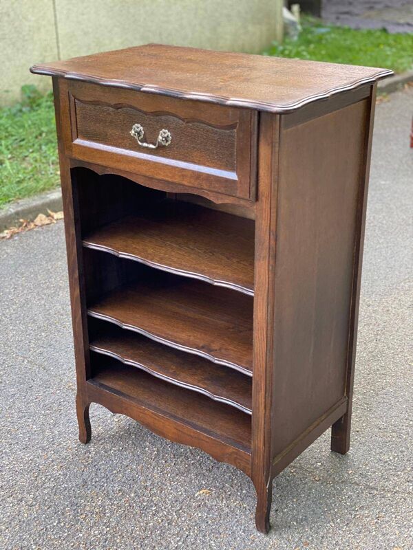 Bibliothèque étagère Bibus Louis XV en bois massif finition chêne foncé tir