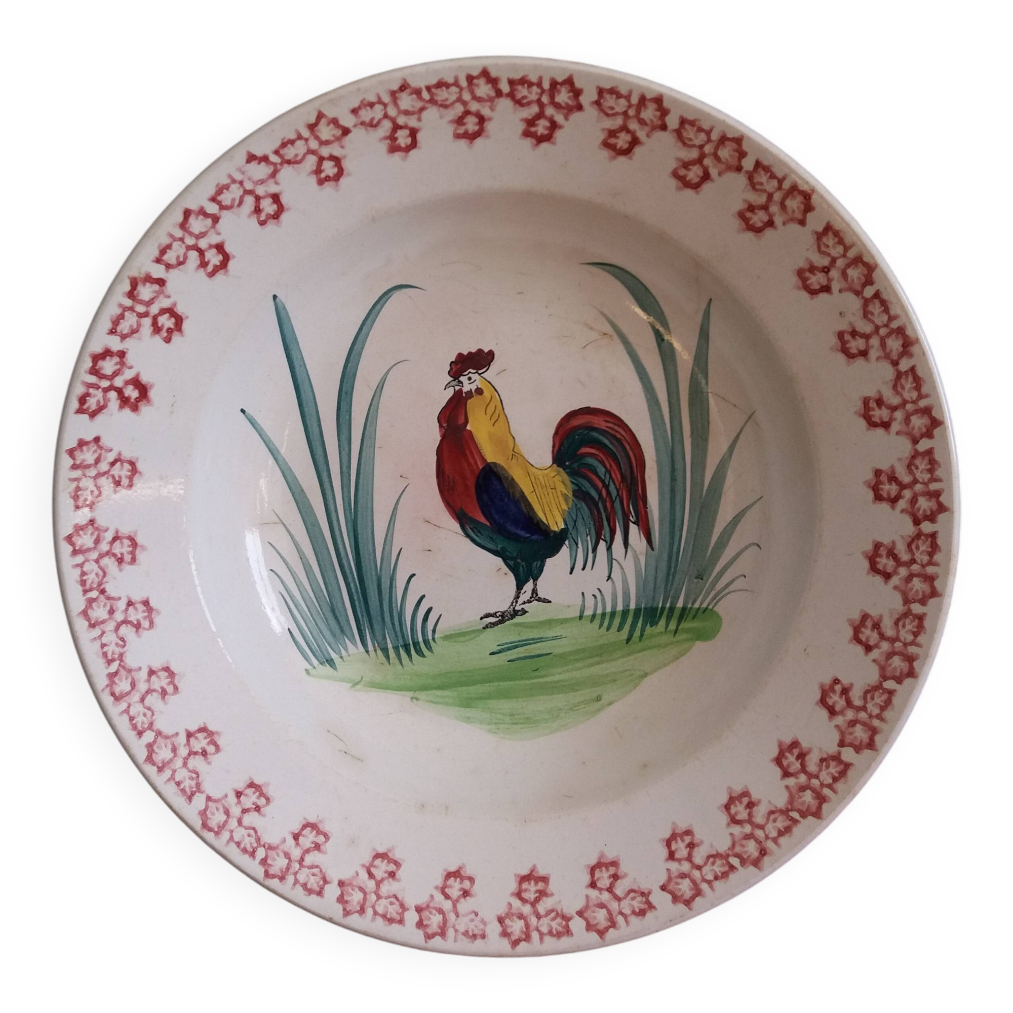 Antique deep dish with hand-painted rooster, Charolles earthenware