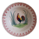 Plat creux ancien coq peint à la main, faiences de Charolles