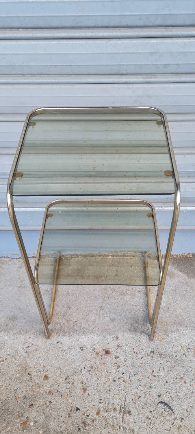 End table in gold metal and smoked glass