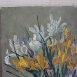 Oil painting on canvas bouquet of iris signed and side