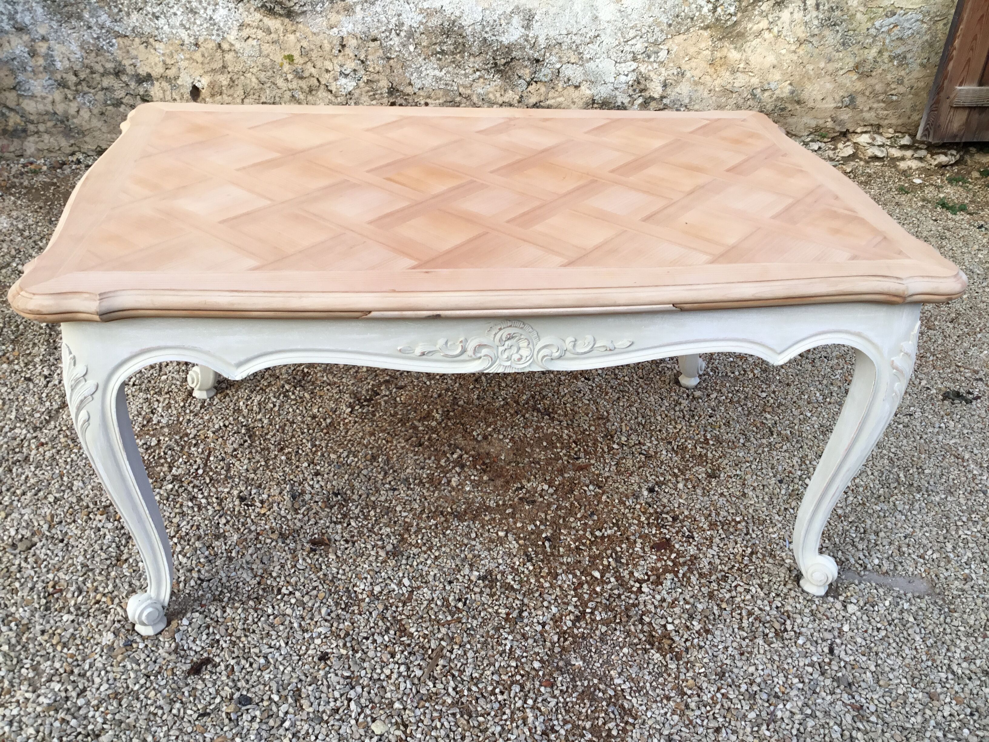 Louis XV style table in cherry wood pickled top and patinated base in light beige