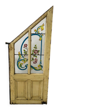 Porte de sous escalier en sapin et verre peint XX siècle