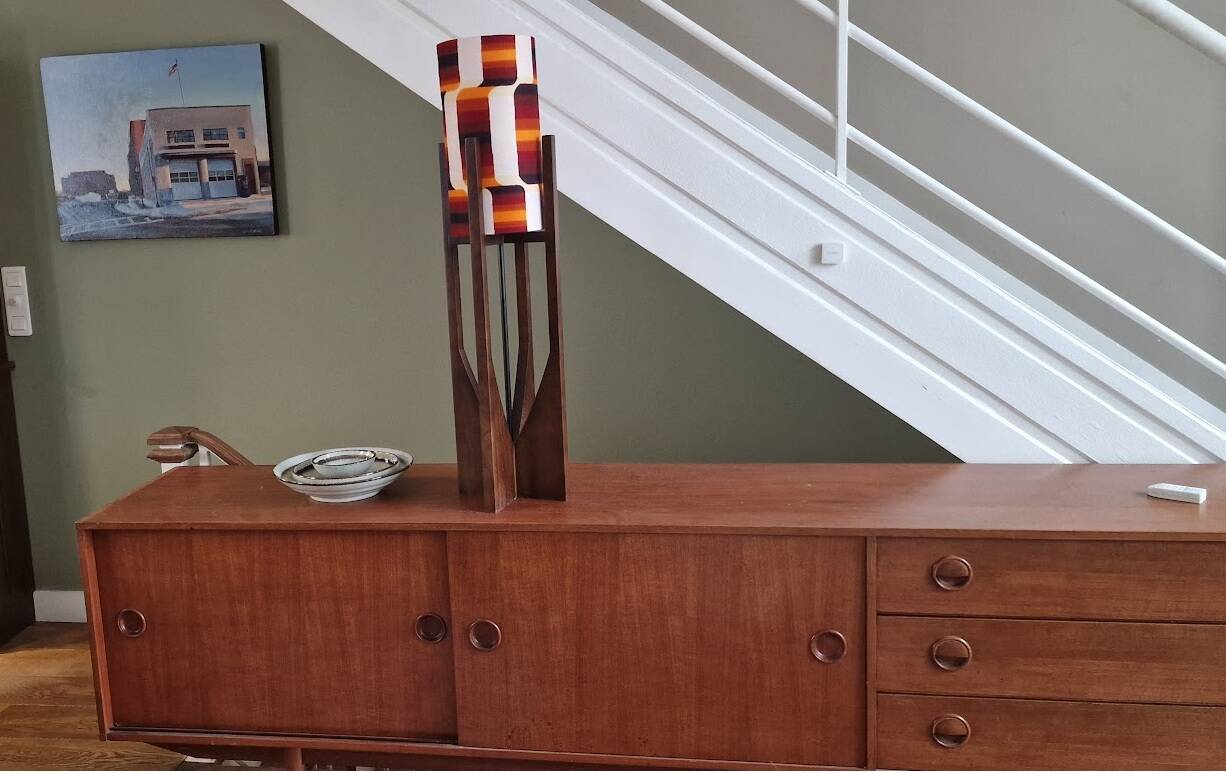 Unique mid-century sculptural walnut lamp – geometric shade